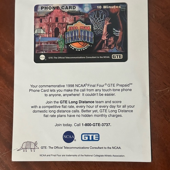 Commemorative 1998 NCAA Final Four GTE Pre Paid Phone Card Kentucky Wildcats - Picture 4 of 13